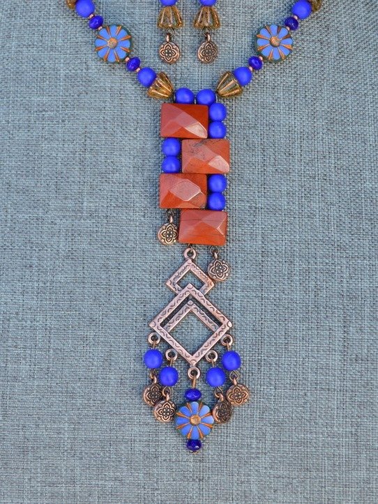 Copper and Red Jasper Rectangular Wearable Art Pendant Necklace and Earrings Jewelry Set With Deep Blue Beads product image (2)