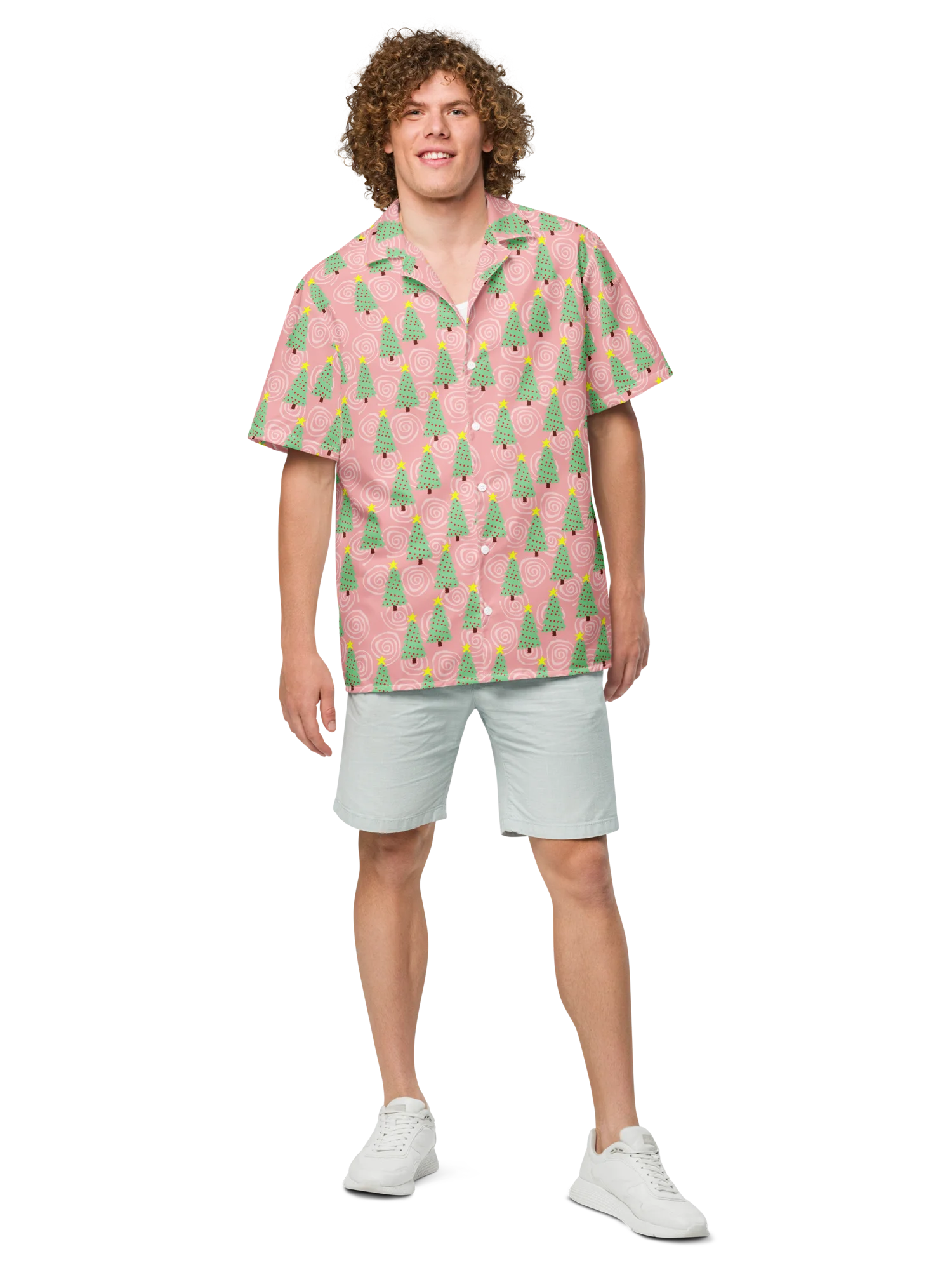 Mint Green Christmas Trees on Pink Oversized Button Down Shirt product image (4)
