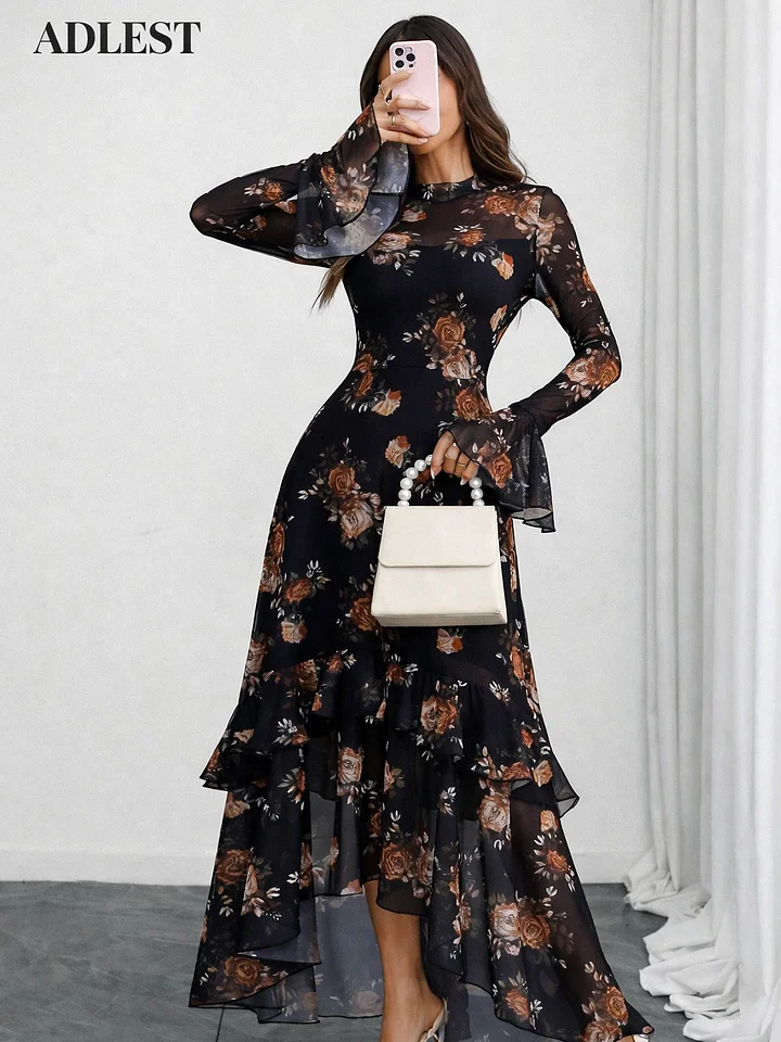 ADLEST Women's Elegant Sexy Mesh Patchwork Colorful Floral Print Retro Flare Sleeve Ruffle Hem Fishtail Double Layer Dress product image (2)