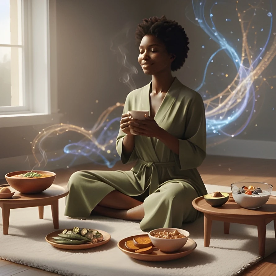 Serene Black woman in a warmly lit personal sanctuary, practicing self-care with herbal tea. She is surrounded by nourishing, culturally significant foods like vibrant lentil stew, sweet potato, okra, avocado, and chia seeds, symbolizing hormonal balance, GLP-1 support, and gentle craving management for Black women with PCOS. Abstract light patterns in the background represent internal body rhythms.