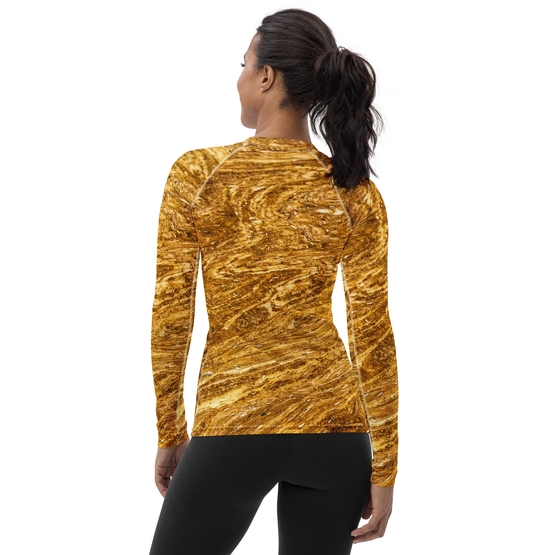 Golden Strata: Earthy Swirl Marble Pattern Women’s Rashguard | Full Print Golden Ochre Long Sleeve Swimsuit | Tiger Eye Boho Beach Top product image (2)