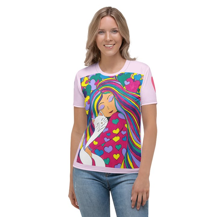 Girl with the cat (art by Dina R.) acrylic painting picture - Womens Crew Neck T-Shirt product image (1)