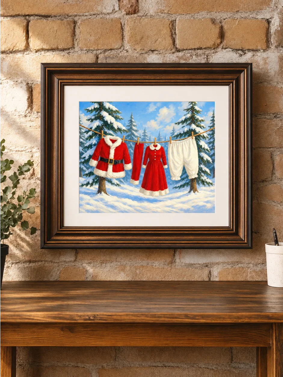 Santa Clothesline Christmas Laundry Room Art, Funny Holiday Print, Whimsical Winter Poster, Snow Covered Forest Scene, Printable Wall Decor product image (4)