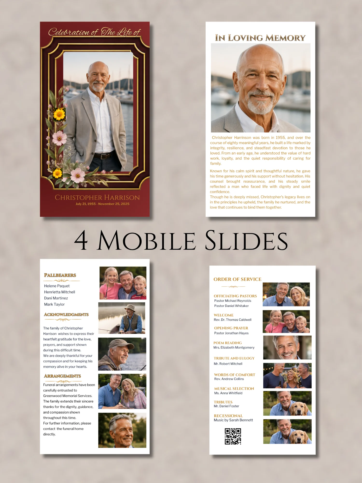 Burgundy Floral Funeral Program Template for Men (Canva Editable Bifold) product image (3)