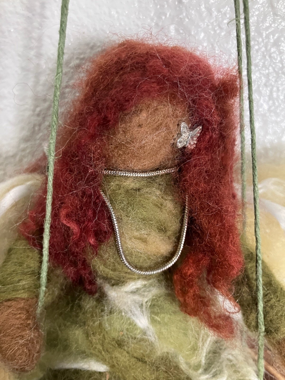 Hand-Felted Guardian Angel on Natural Wood Swing - Earthy Green Gown - Artisan Hanging Sculpture product image (4)
