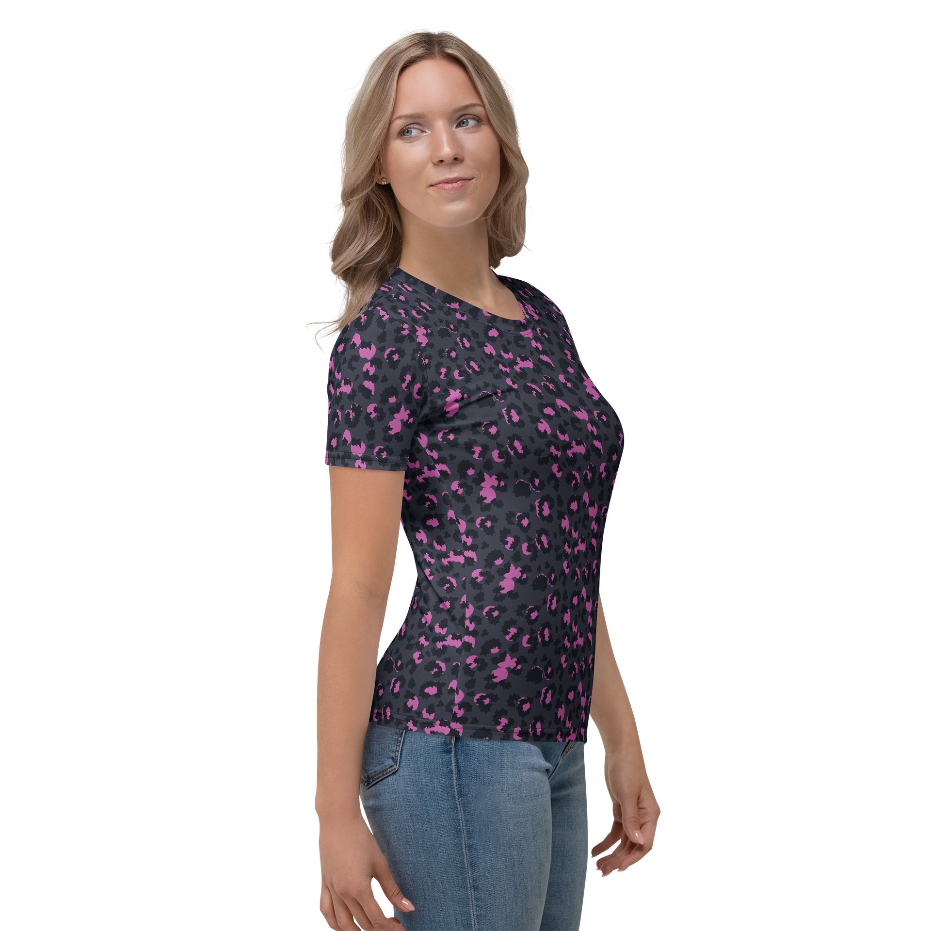 Pink Leopard Print Women's Crew Neck T-Shirt product image (4)