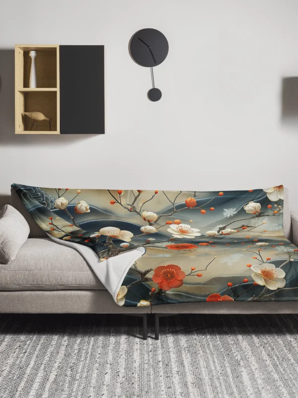 Traditional Japanese Floral Throw Blanket - Plum Blossom Aesthetic Fleece product image (13)