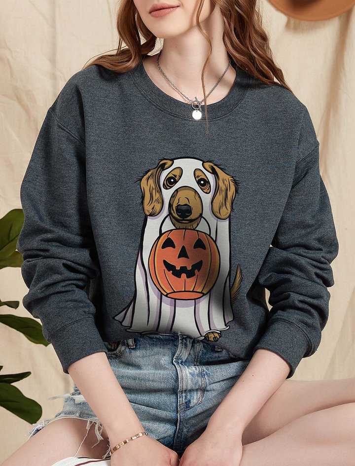 Funny Halloween Longhaired Dachshund(Fawn) Sweatshirt | Funny Doxie/Wiener Wearing a Ghost Costume and Holding a Pumpkin Basket product image (2)