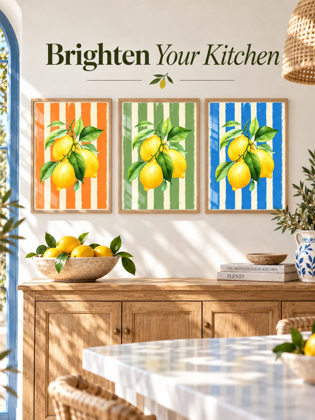 Lemon Wall Art Set | Citrus Kitchen Decor | Mediterranean Printable Posters | Orange Blue Sage Botanical Trio Download product image (6)
