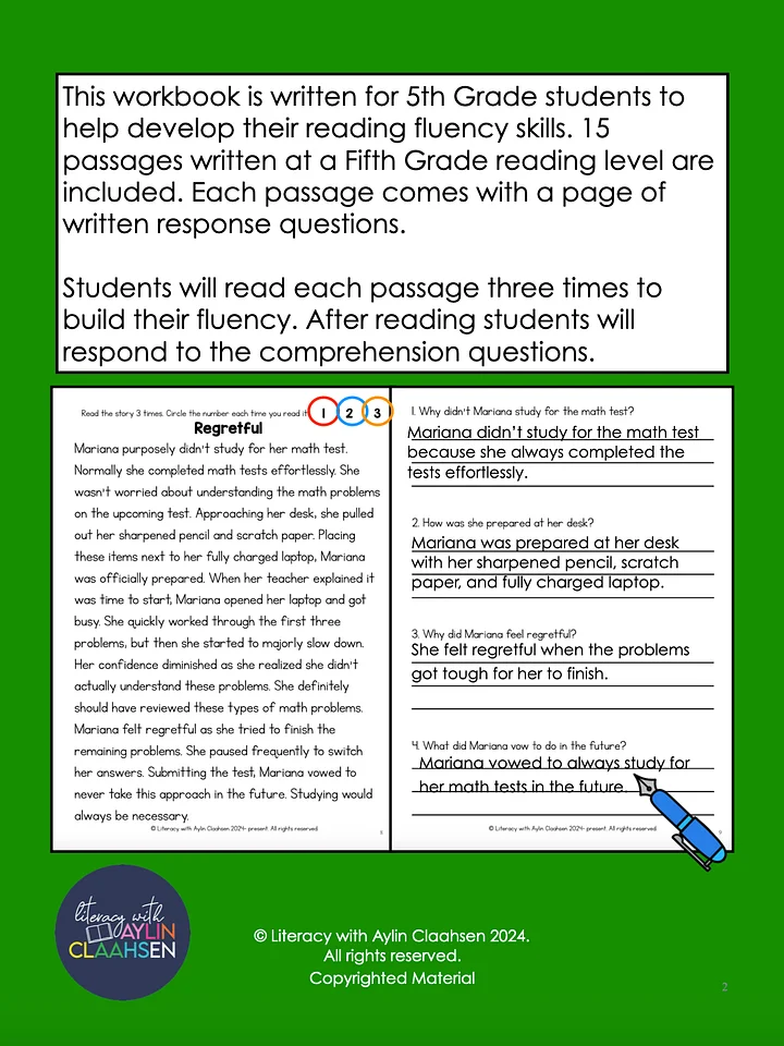 5th Grade Fluency Passages with Comprehension Questions Workbook product image (2)