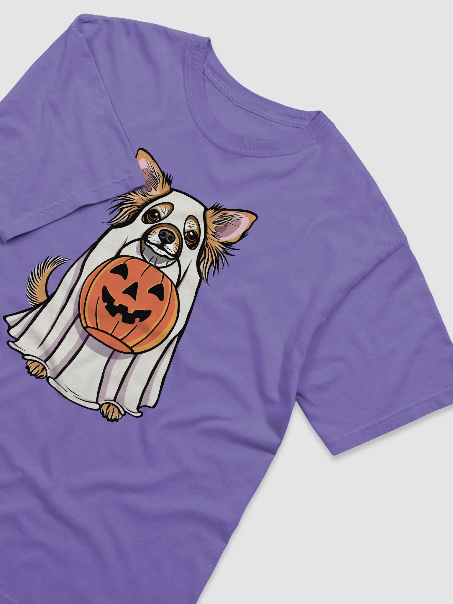 Funny Halloween Longhaired Chihuahua T-Shirt | Funny Chihuahua Wearing a Ghost Costume and Holding a Pumpkin Basket product image (6)