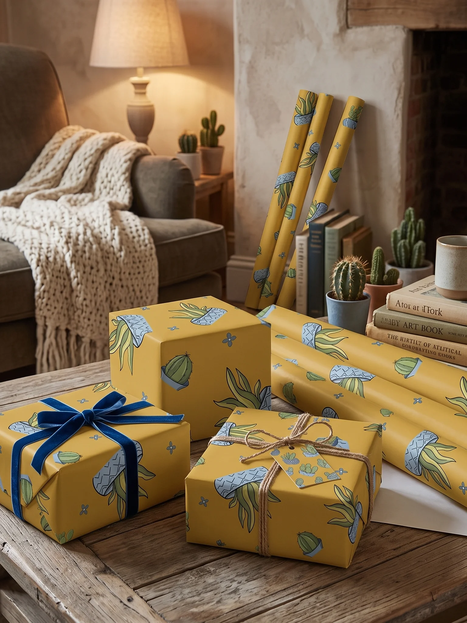 Potted Cactus Wrapping Paper, Mexican Botanical Gift Wrap Roll, Matte or Glossy Vector Print product image (1)