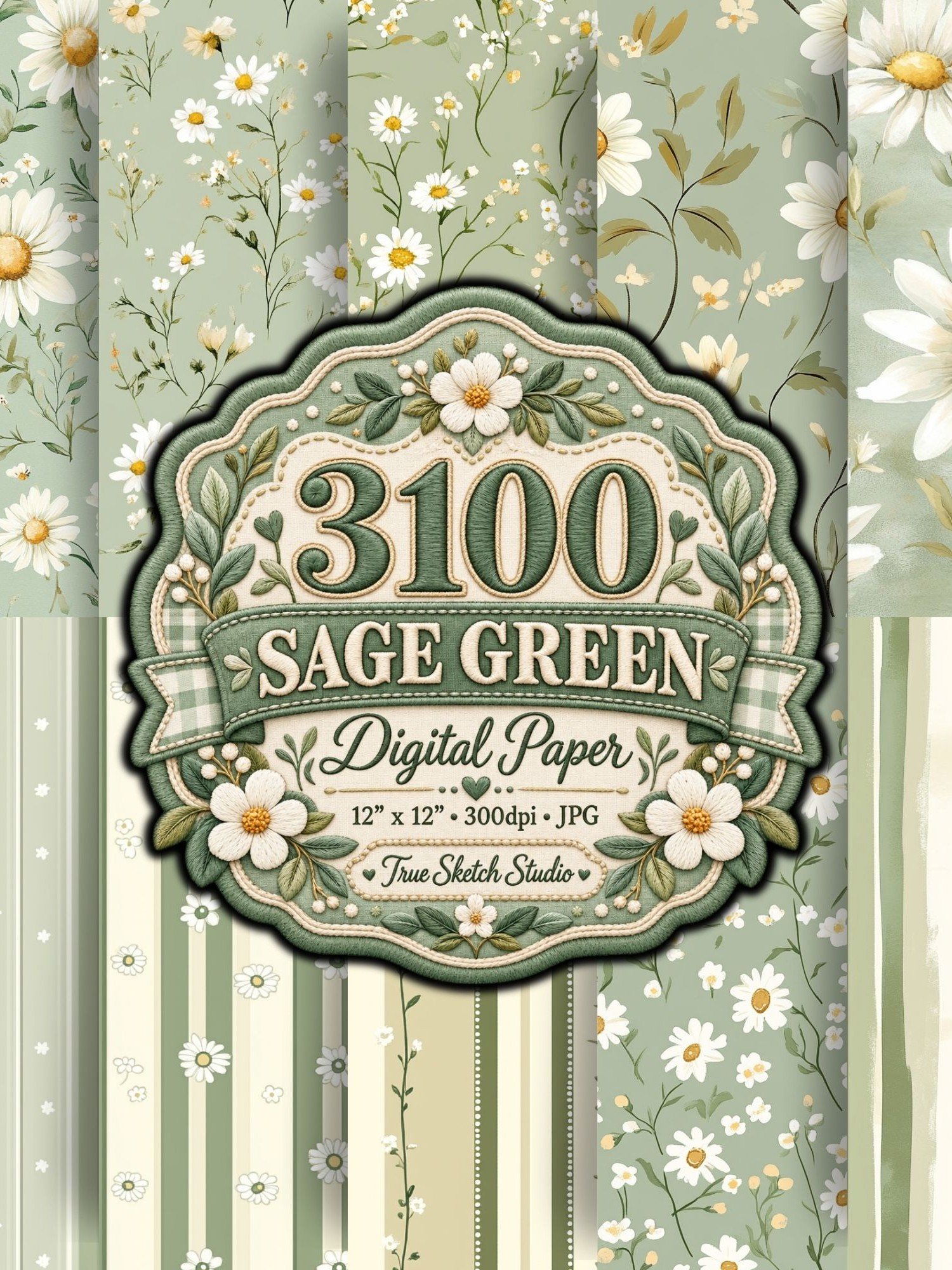 3100 Sage Green Digital Paper Bundle, Floral Botanical Scrapbook Paper, Daisy Gingham Designs, 12x12 JPG, Printable Junk Journal Backgrounds product image (2)