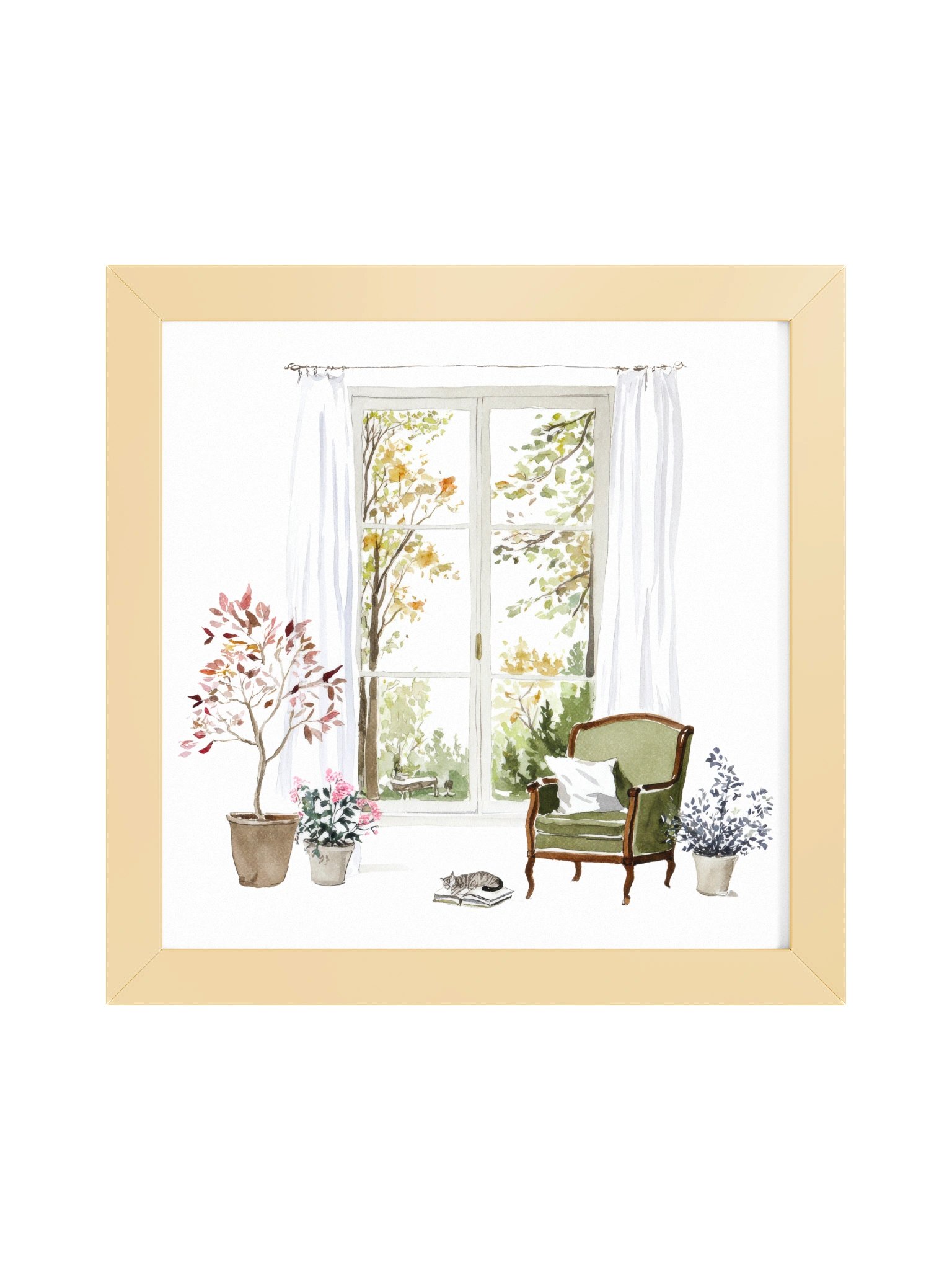 Soft Solitude — The Resting Cat & Chair Window Framed Art Print (10x10") product image (5)