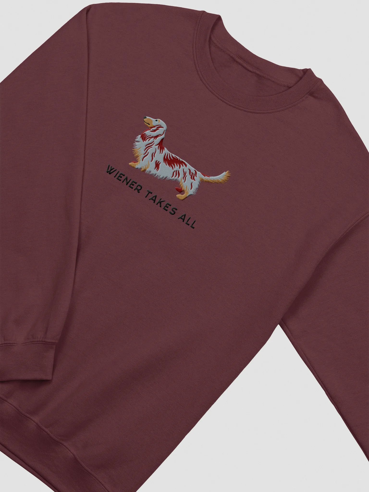 Wiener Takes All Sweatshirt (Embroidered) of a Longhaired Dachshund(Red Dapple) product image (6)