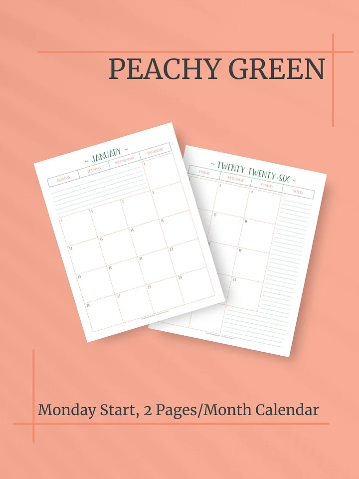 Peachy Green 2026 Calendar - 2 Pages per Month, Monday Start, Letter Size product image (1)