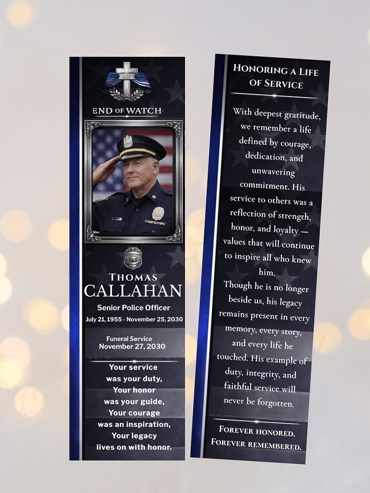 Police Memorial Bookmark Template, Thin Blue Line Law Enforcement Keepsake product image (1)