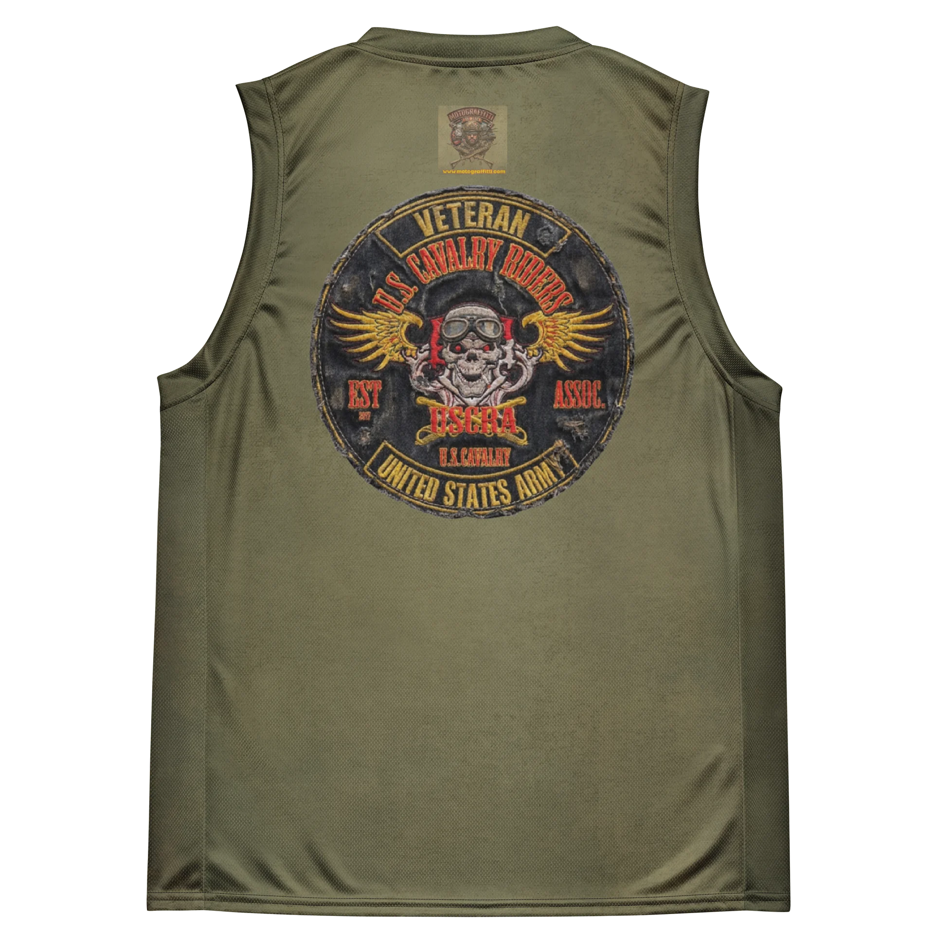 Distressed U.S. Cavalry Riders Skull Basketball Jersey OD Green product image (4)