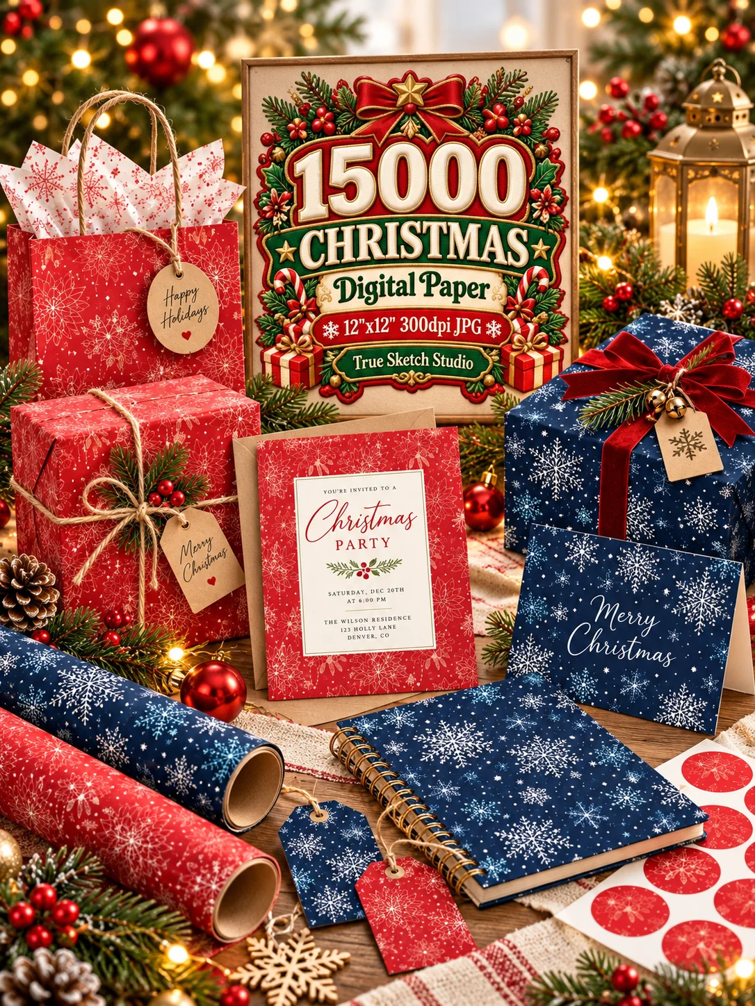 15000 Christmas Digital Paper Bundle, 12x12 JPG, Holiday Scrapbook Paper, Xmas Backgrounds, Printable Pattern Mega Bundle product image (4)