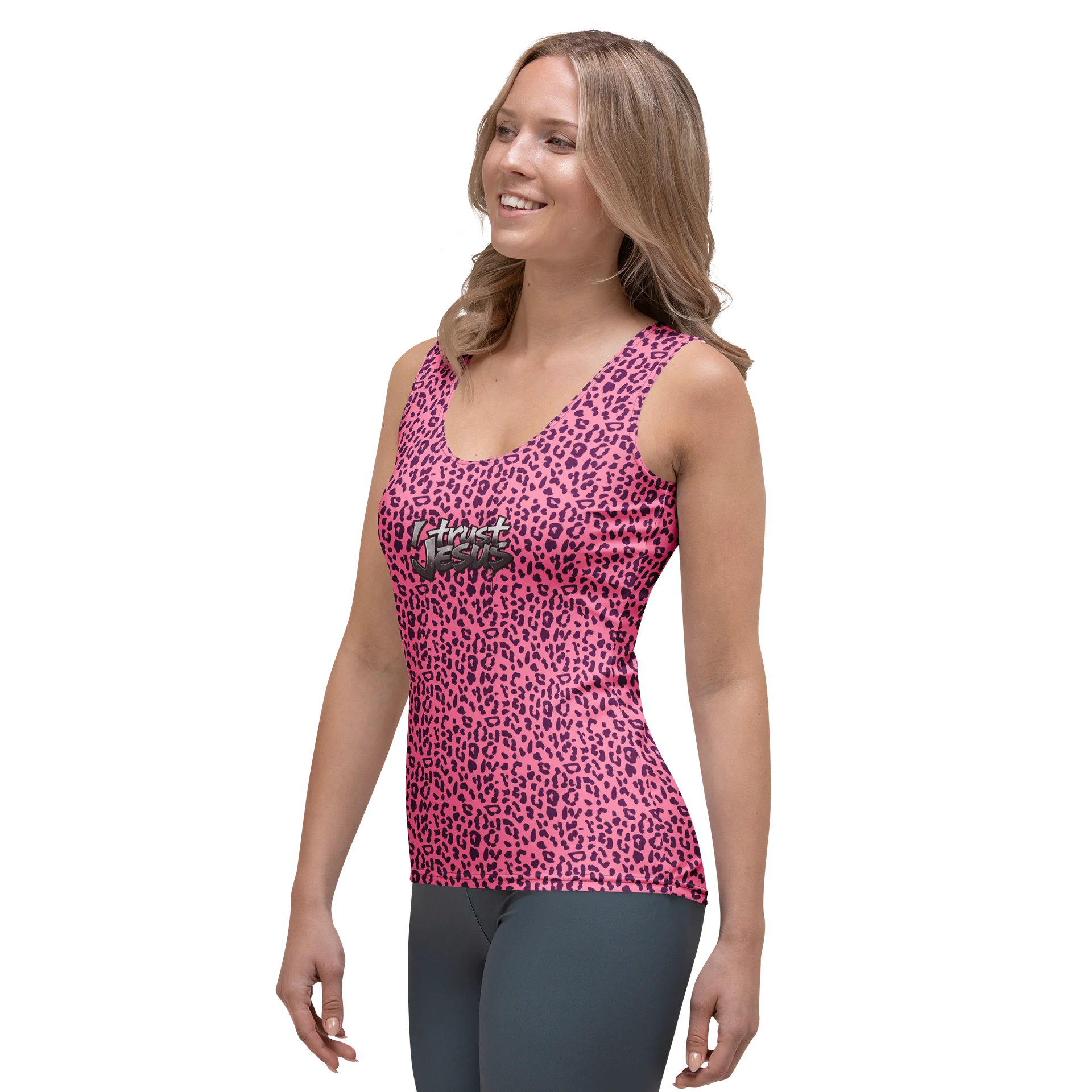 I Trust Jesus Pink Leopard Print Tank Top product image (5)
