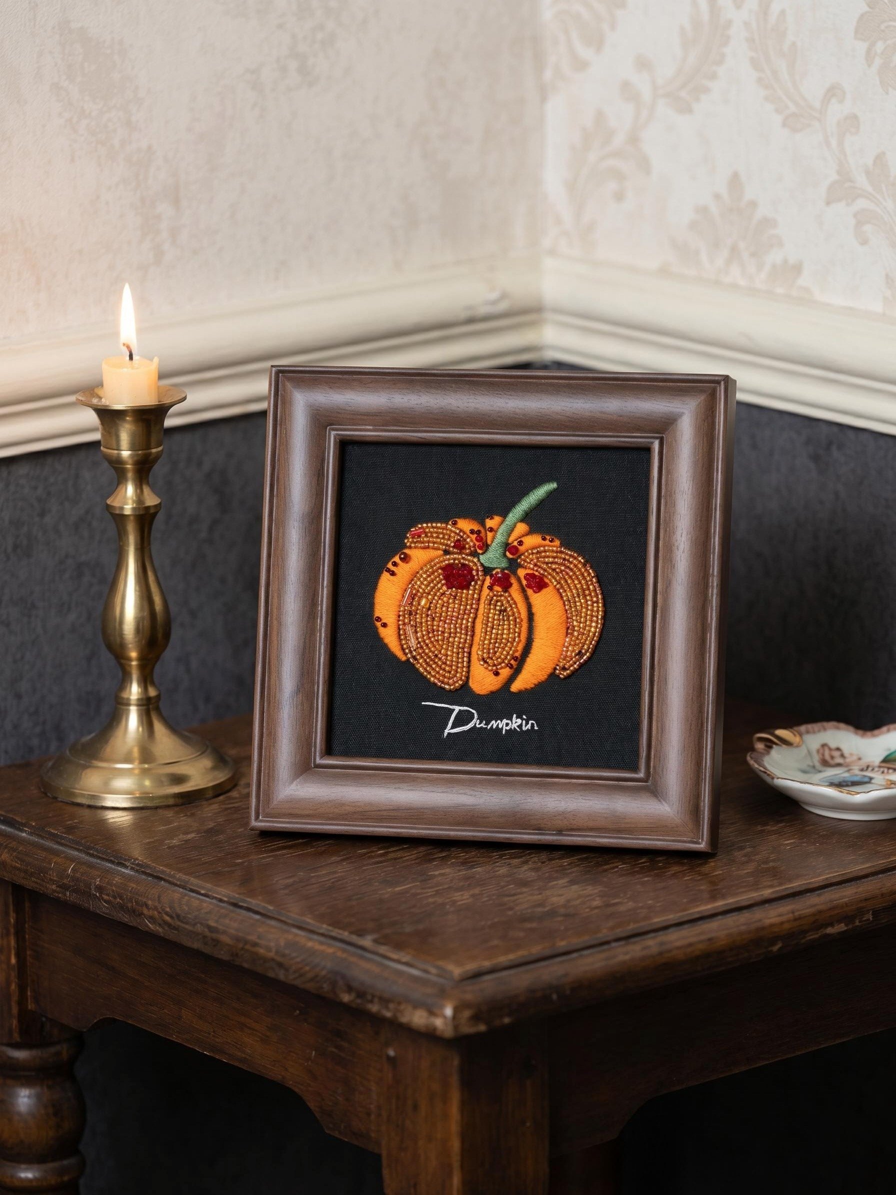 Fairy Tale Pumpkin Beaded Needlepoint Artwork in Rustic Open-Face Frame product image (4)