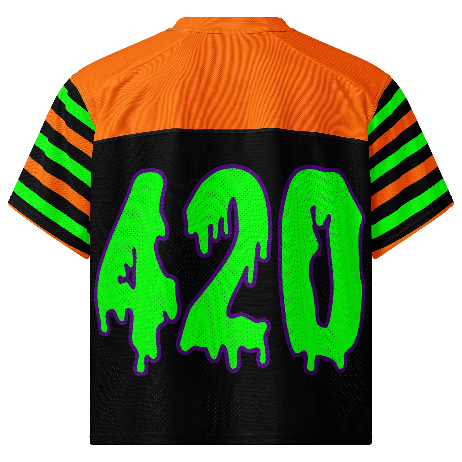 Halloween Weed Rave Jersey, Boxy 420 Football Shirt, Stoner EDM Wear, Music Festival Cannabis Clothes, Black Orange Neon Green Techno Top product image (1)