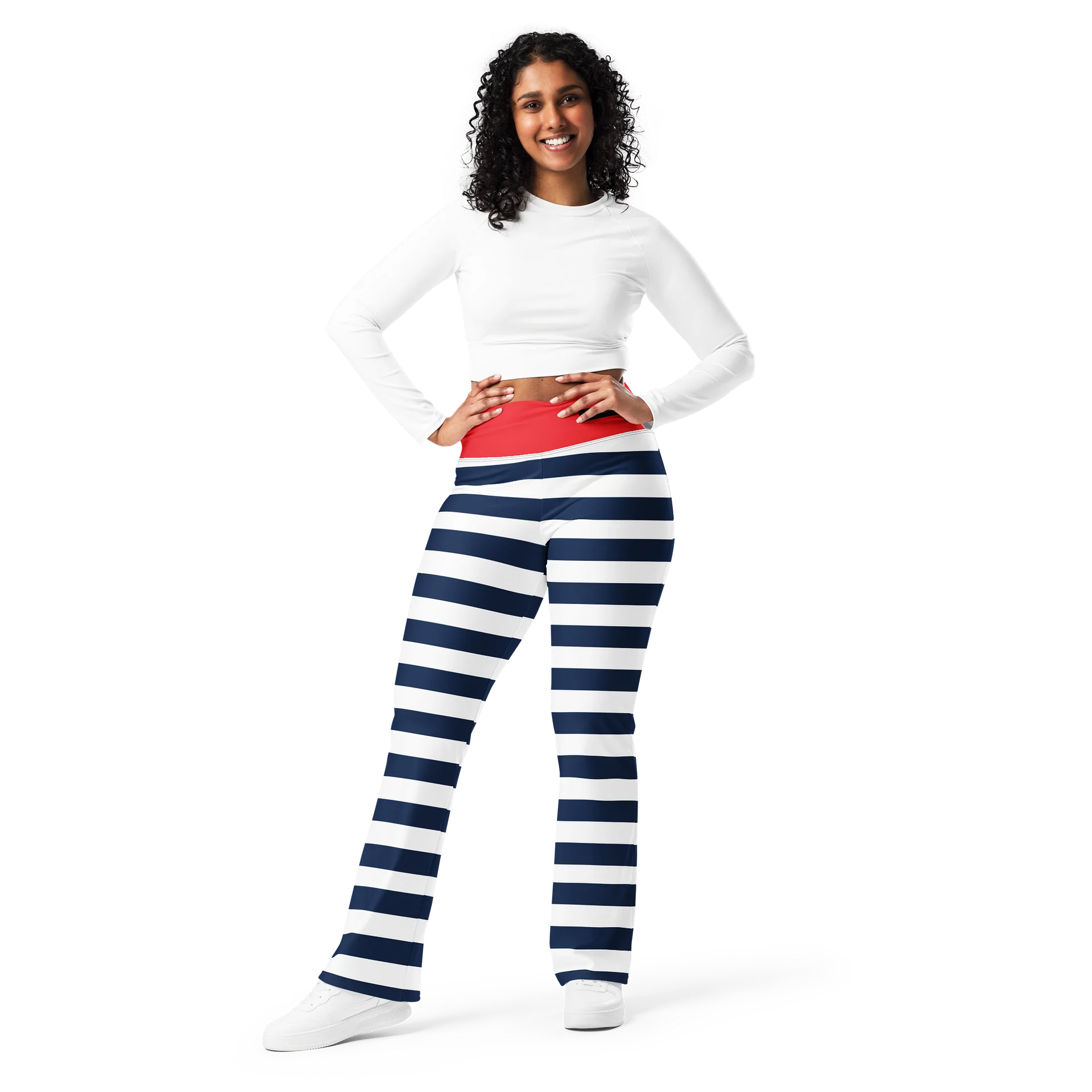 Nautical Stripe High-Waisted Flare Leggings with Red Waistband product image (1)