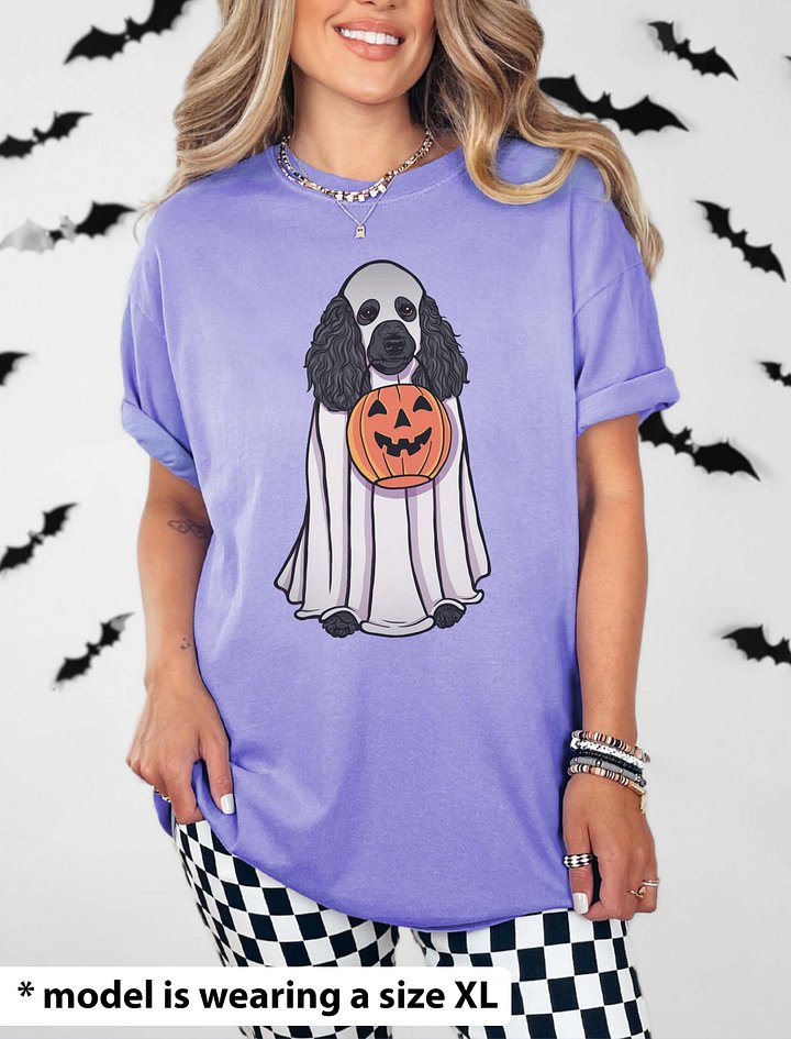 Funny Halloween Poodle(Black) T-Shirt | Funny Papillon Wearing a Ghost Costume and Holding a Pumpkin Basket product image (2)