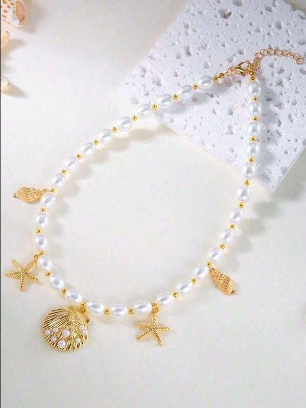 1pc Bohemian Style Sea Themed Starfish And Seashells Pendant Necklace, Suitable Women Beach Holiday product image (2)