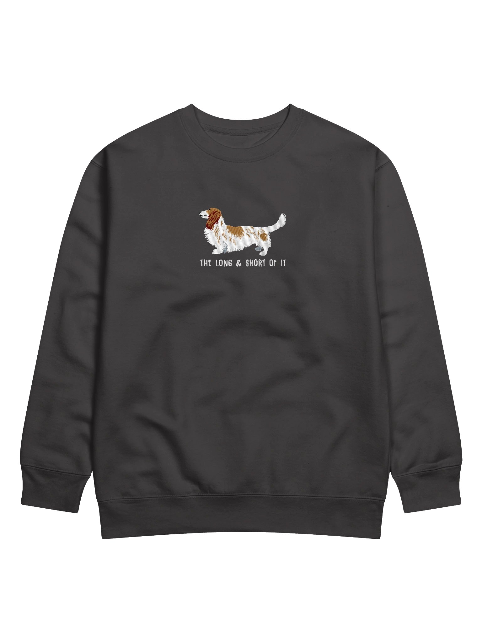 The Long & Short of It Sweatshirt (Embroidered) of a Longhaired Dachshund(Pied Brown & White) product image (1)