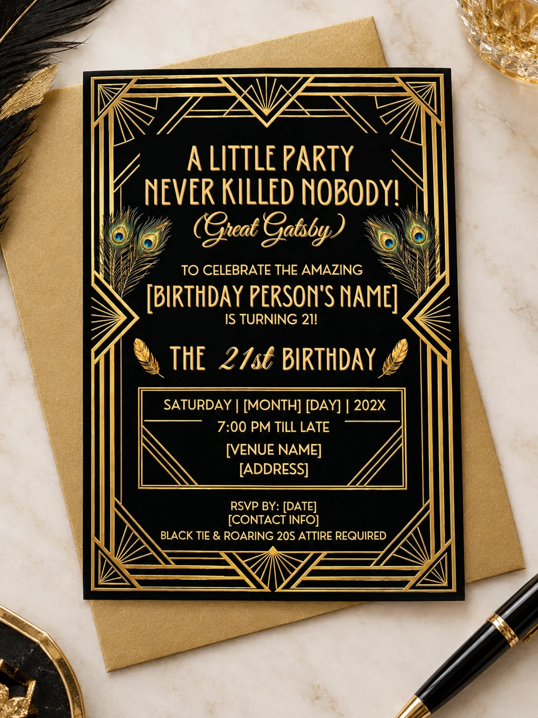 21st Birthday Invitation Template, Editable Gatsby Milestone Invite, Printable Art Deco Party, Canva Instant Download Digital product image (2)