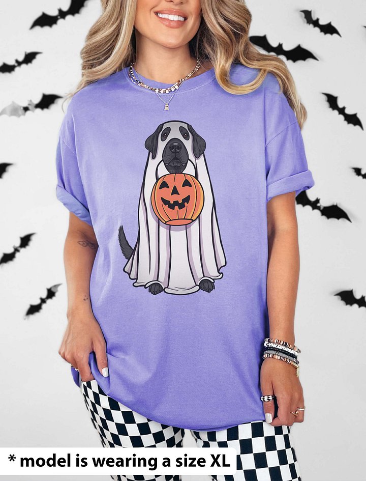 Funny Halloween Labrador Retriever(Black) T-Shirt | Funny Labrador Wearing a Ghost Costume and Holding a Pumpkin Basket product image (2)