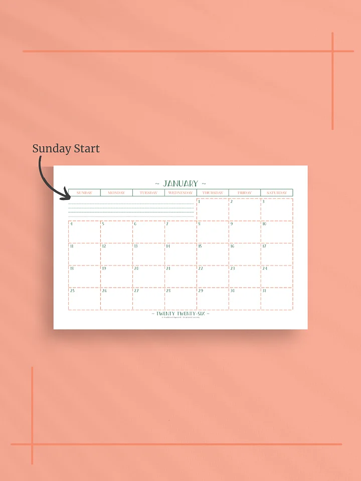Peachy Green 2026 Calendar - Single Page per Month, Sunday Start, Half Letter Size product image (2)