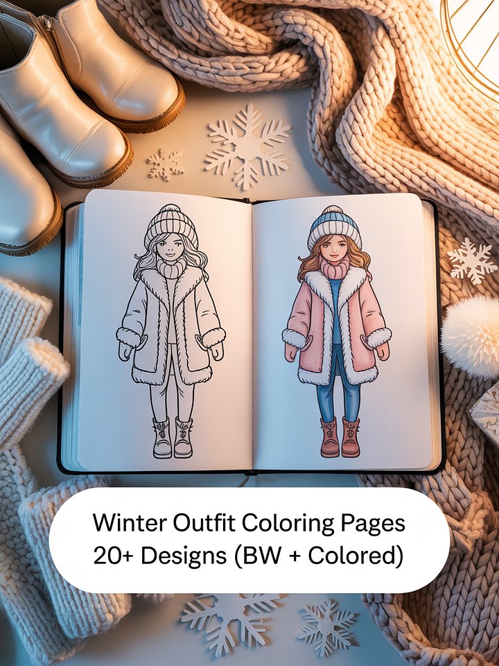 Winter Outfit Coloring Pages | 20+ Cozy Fashion Designs | Black & White + Colored Reference Pack product image (1)