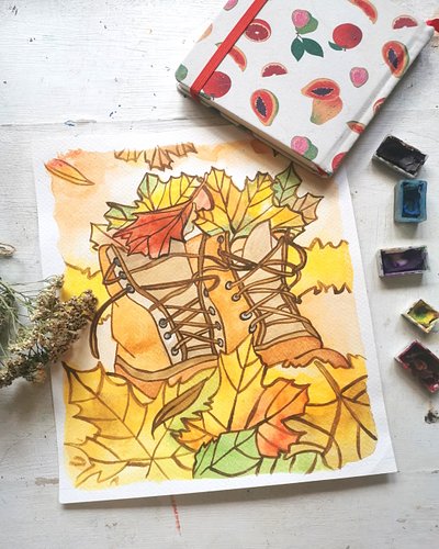 Boots filled with autumn leaves. 
DM if you are interested in originals. 
For prints, visit link in the bio. 

#autumnart #il...