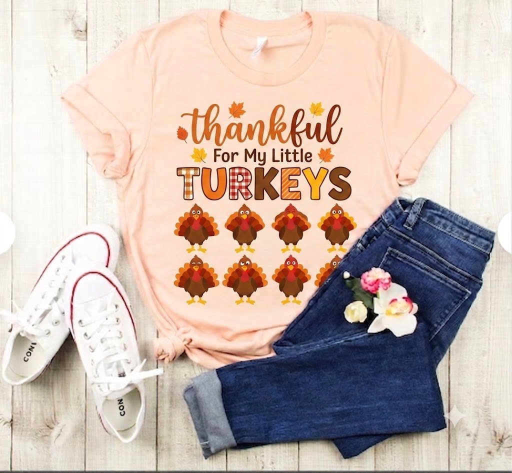 Thankful for My Little Turkeys Shirt for Women – Cute Thanksgiving Turkey Family Graphic Tee, Fall Autumn Mom T-Shirt product image (2)