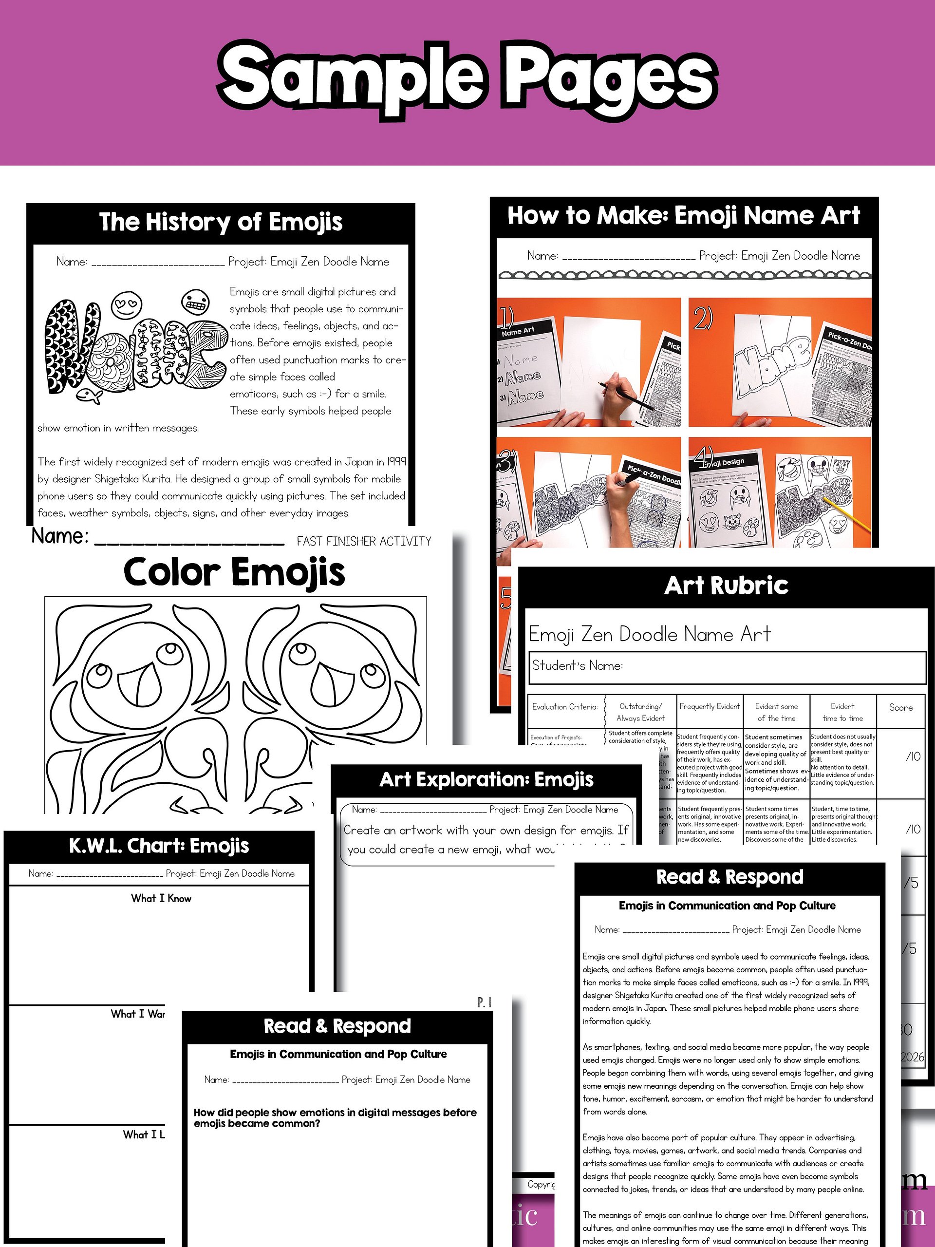 5th Grade Name Art Grade 5 Emoji Art Project Zen Doodle Line Art Back to School product image (9)
