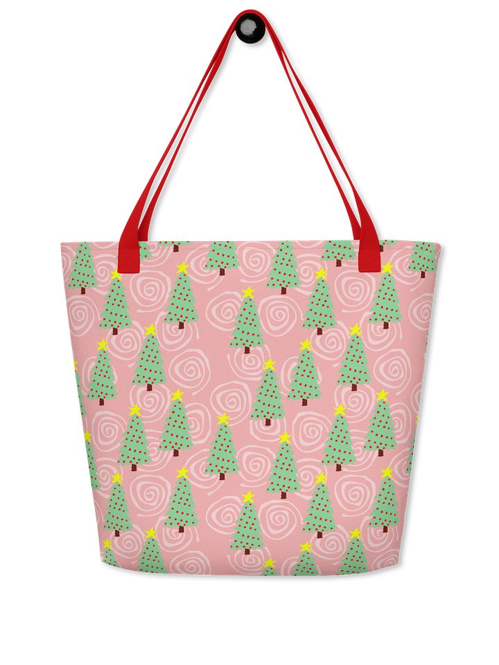 Green Christmas Trees on Christmas Pink with Swirls – Large Tote Bag product image (1)