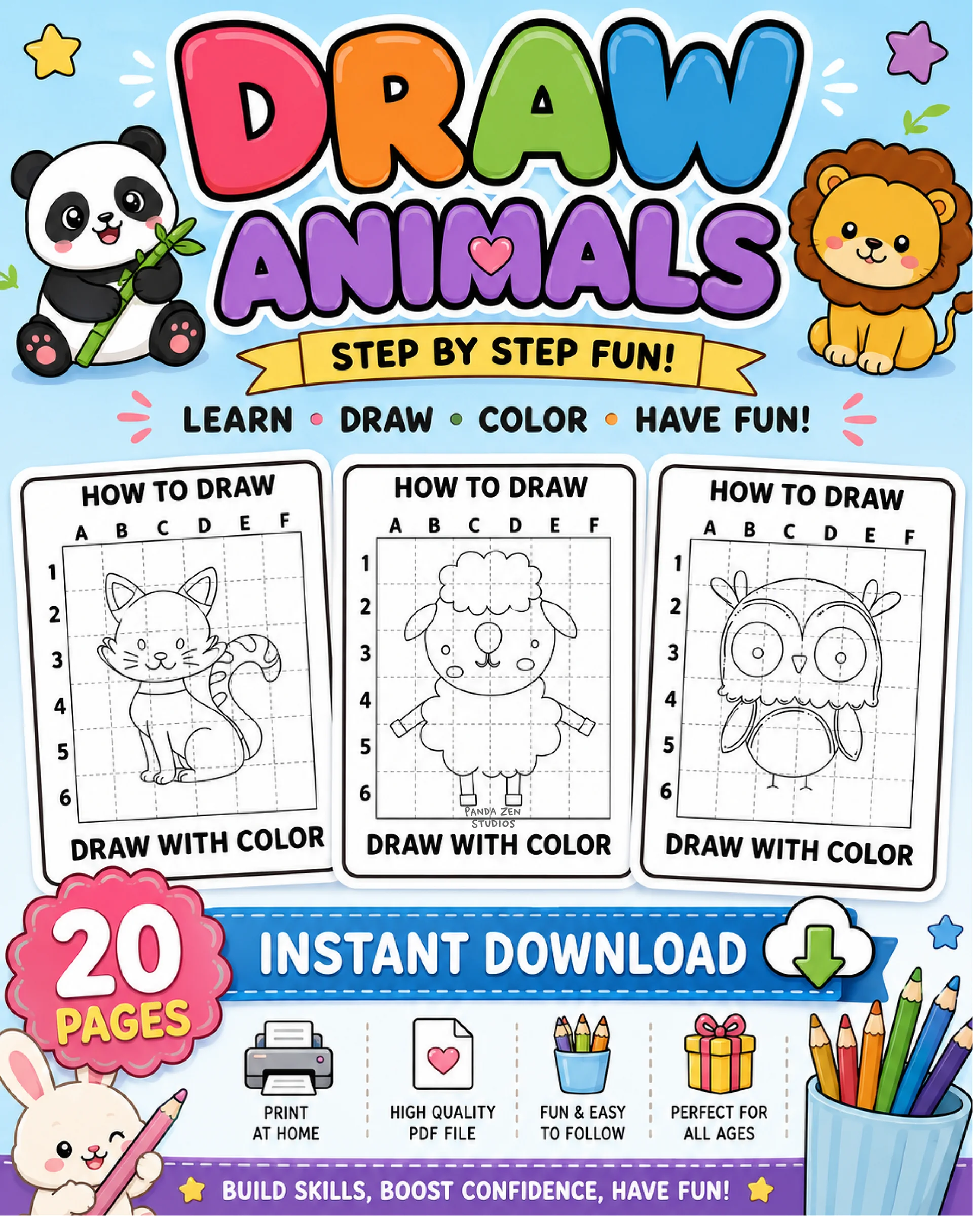 How to Draw Animals for Kids Printable | 20 Easy Step-by-Step Drawing Pages product image (1)