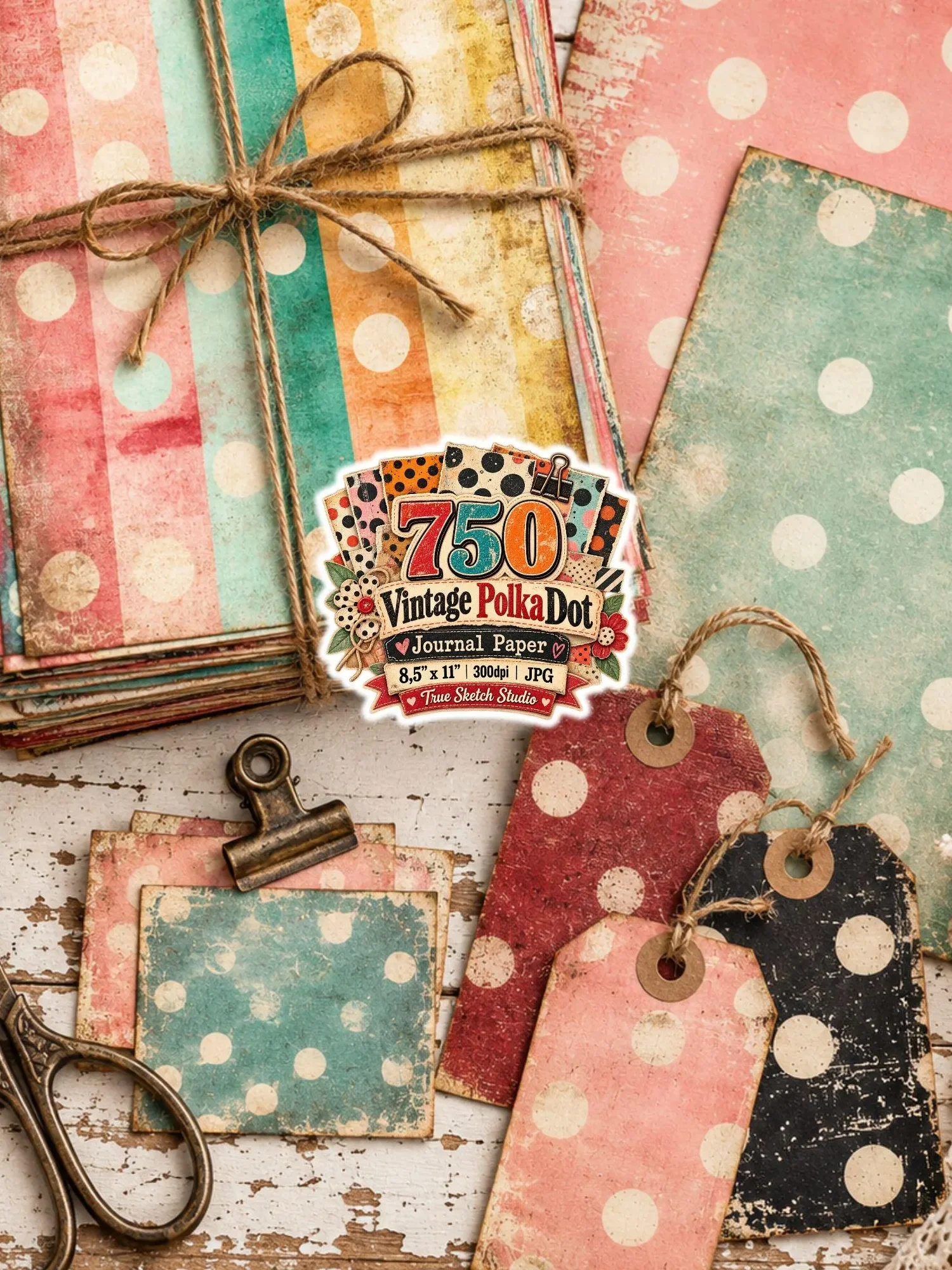 750 Vintage Polka Dot Digital Paper Bundle, Grunge Junk Journal Backgrounds, Retro Scrapbook Pages, US Letter 300DPI JPG, Printable Download product image (5)