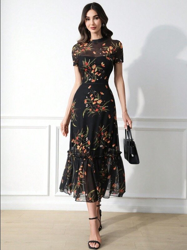 Women's Gothic Elegant Black Base Colorful Floral Print Mesh Round Neck Short Sleeve Waist Cinched Wave Hem Long Dress product image (1)