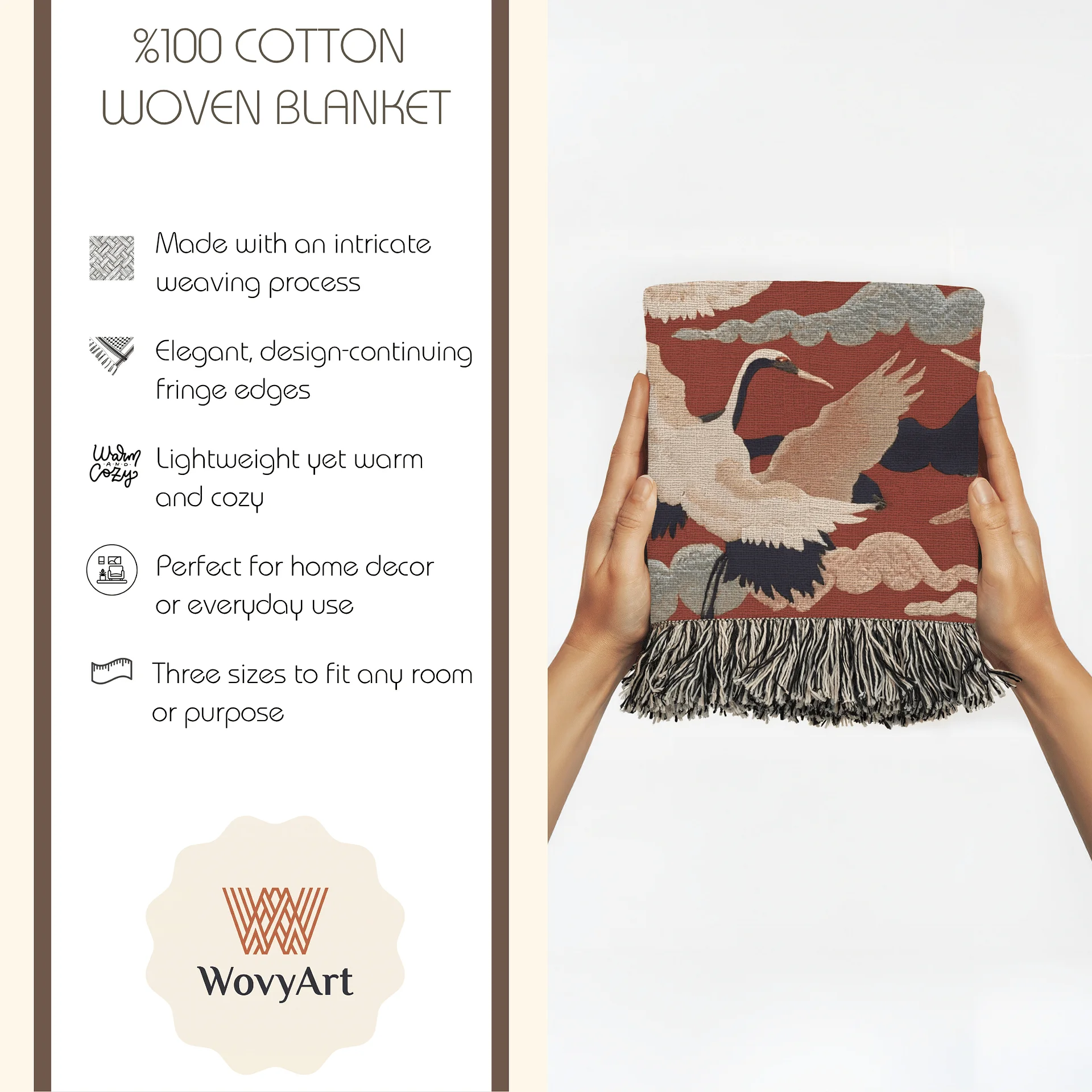 Japanese Crane Woven Blanket | Red Cotton Throw Tapestry with Fringe | 3 Sizes product image (6)