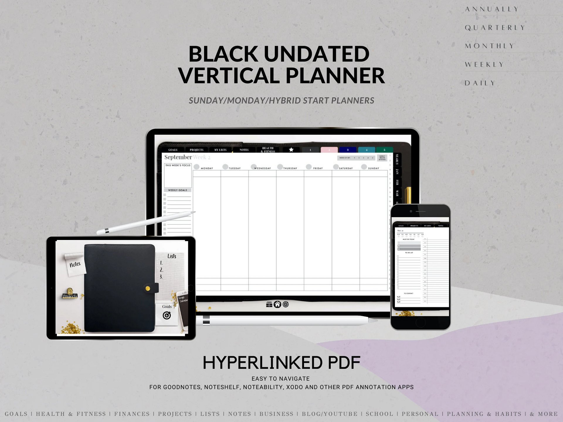 Undated Digital Planner - Black Vertical Week | Ideal for iPad & Phone product image (1)