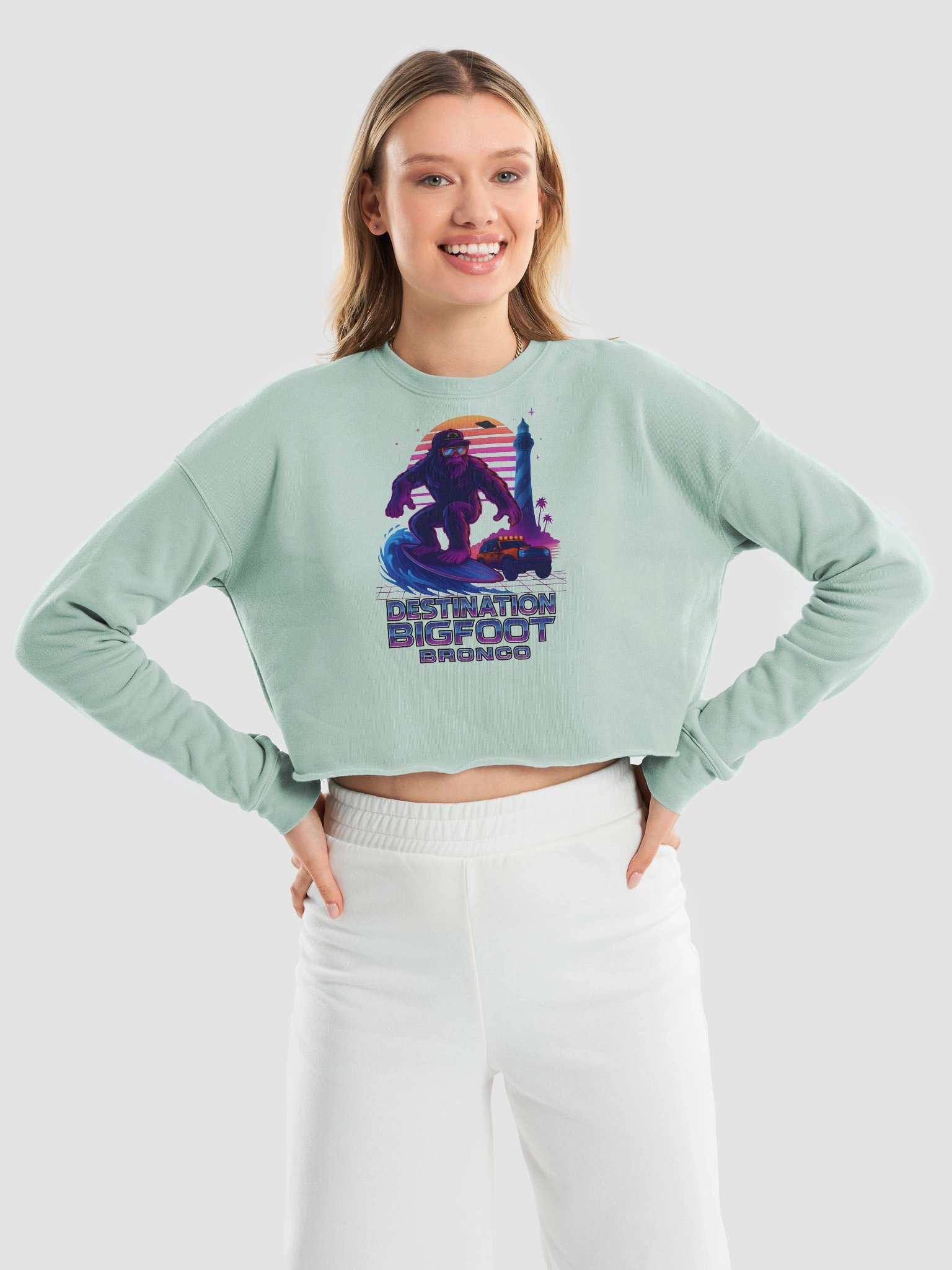 Destination Bigfoot Bronco Synthwave Bella+Canvas Women's Fleece Crop Sweatshirt (Multiple Colors Available) product image (27)