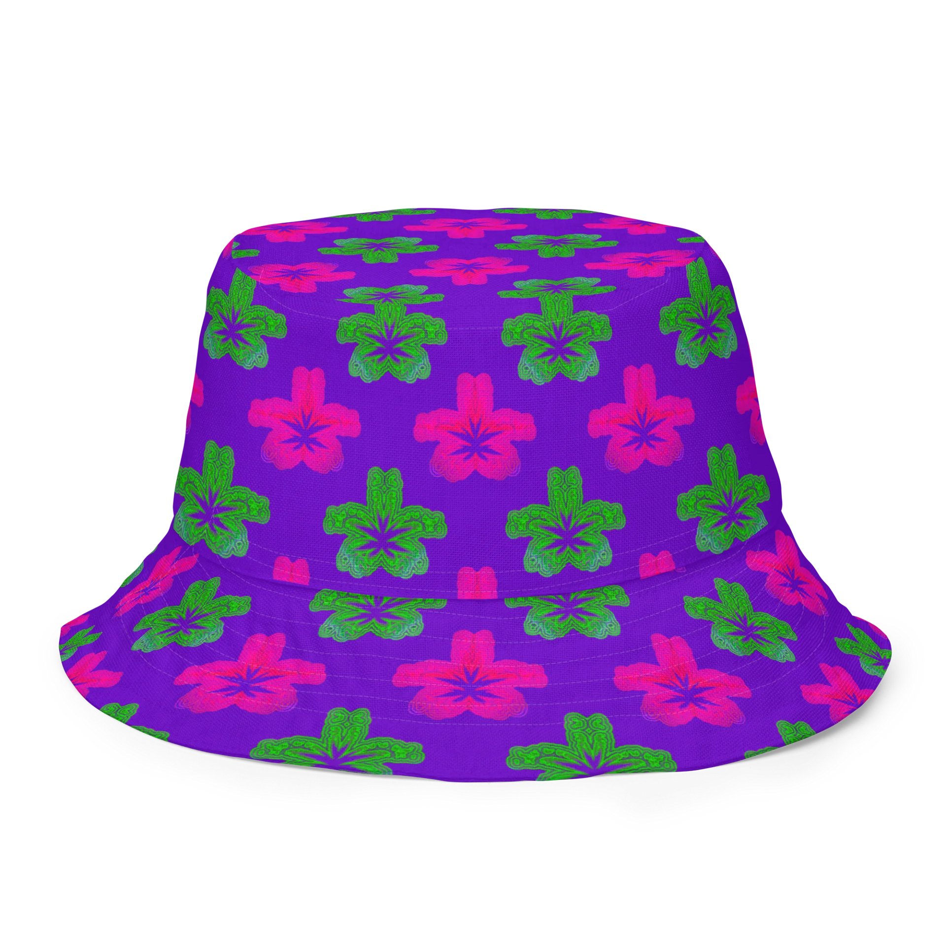 Clowny Cannabis 420 Flower Reversible Bucket Hat, Stoner Circus Weed Art, Hot Pink Green Purple Pot Leaf Pattern 420 Fashion product image (6)