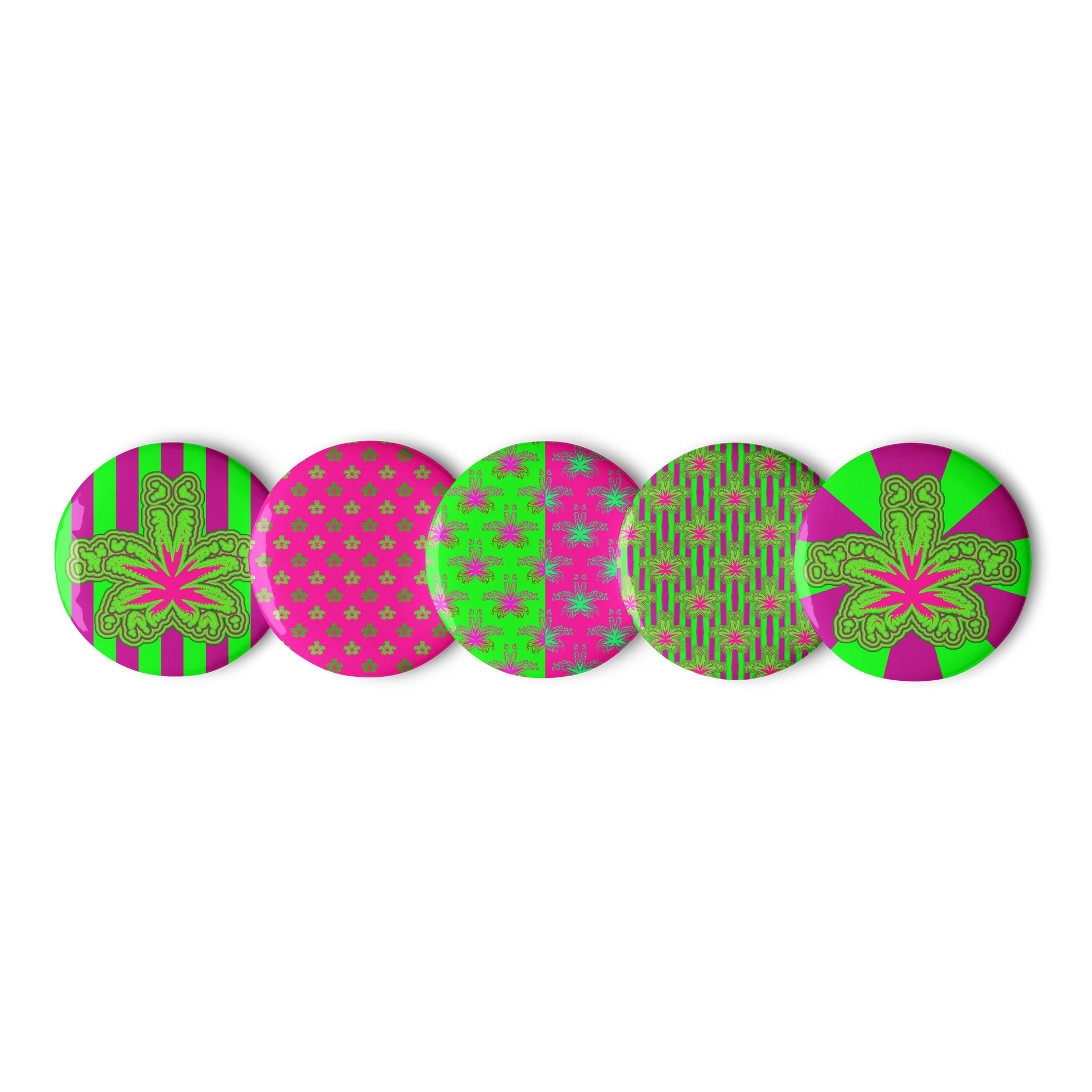 Neon Green Hot Pink Pot Leaf Pins, Stoner Circus Cannabis Art Pin Button Set product image (1)