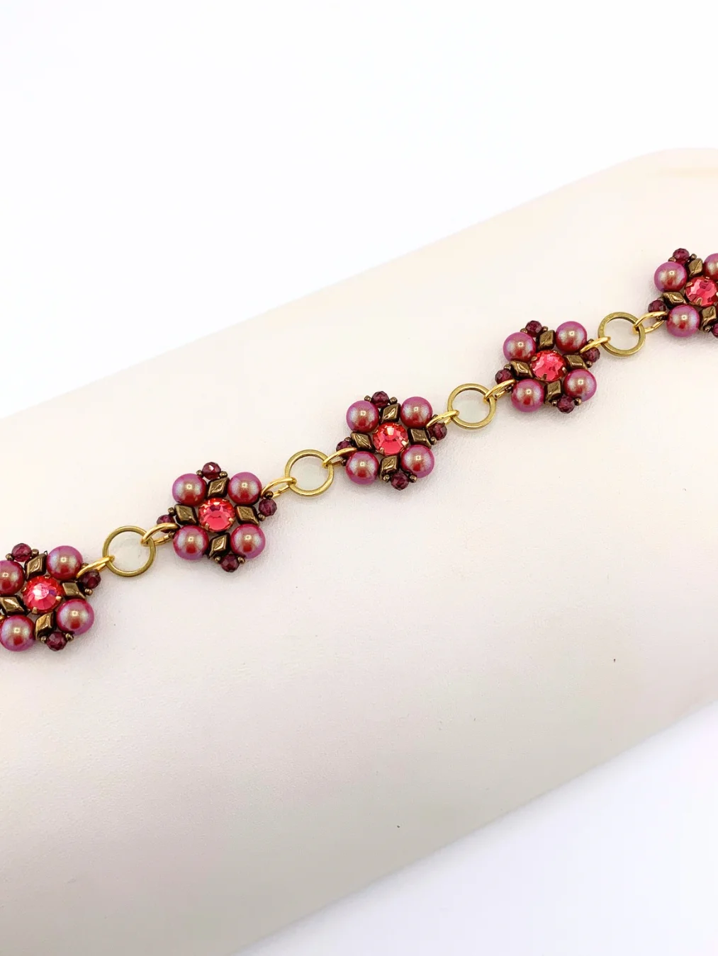 Antique Gold, Salmon Pink Handmade Bead and Crystal Bracelet product image (3)