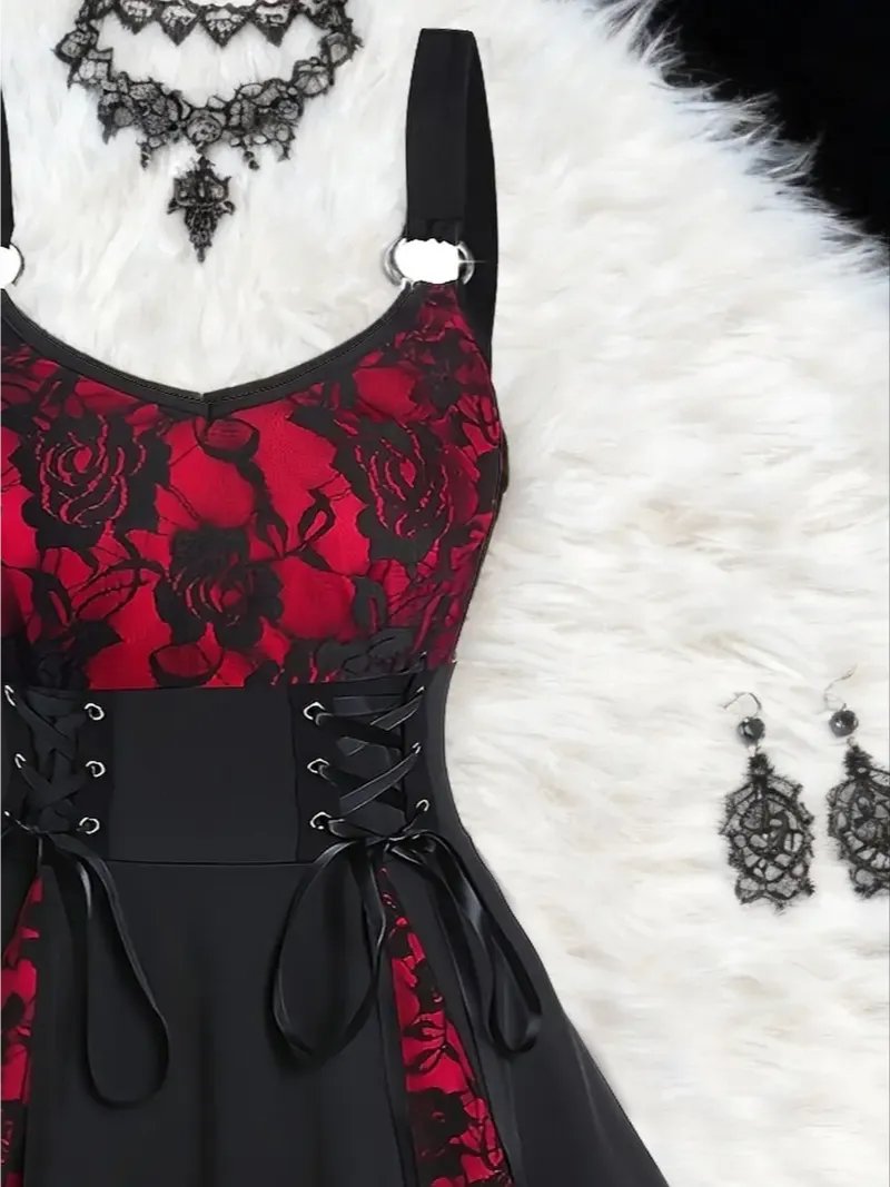 Women's Gothic Lace Patchwork Rose Dress, Sleeveless Waist-Tie Autumn Party Gown, Vintage Aesthetic Style Dress for Gothic Lovers product image (2)