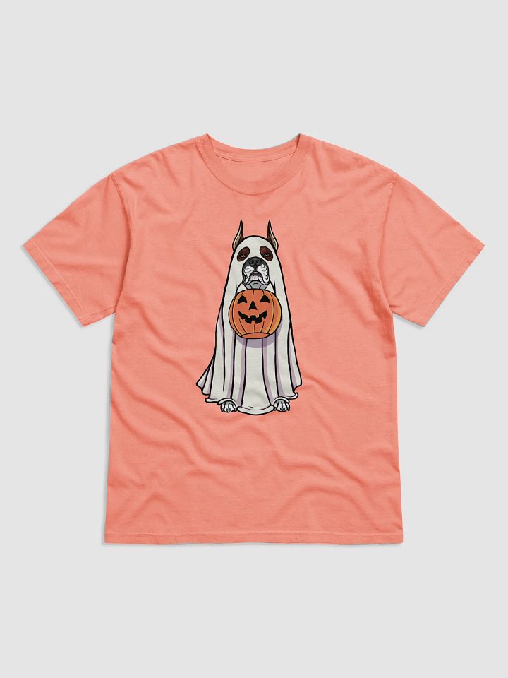 Funny Halloween Boxer Dog(Cropped Ears, Brindle) T-Shirt | Funny Boxer Wearing a Ghost Costume and Holding a Pumpkin Basket product image (1)
