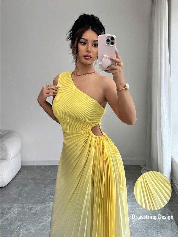 ADLEST Modelyn Yellow Sleeveless Asymmetric Neck Pleated Ombre Dress For Women Pleated Dress product image (3)